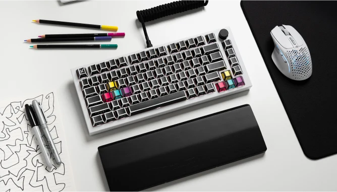 GPBT Sketch Keycaps on black and white desk setup with doodles